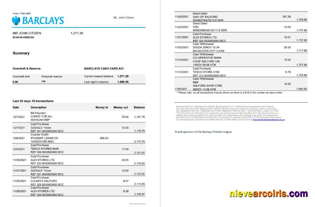 United Kingdom Barclays bank statement in Excel and PDF format, version 3 (2 pages)